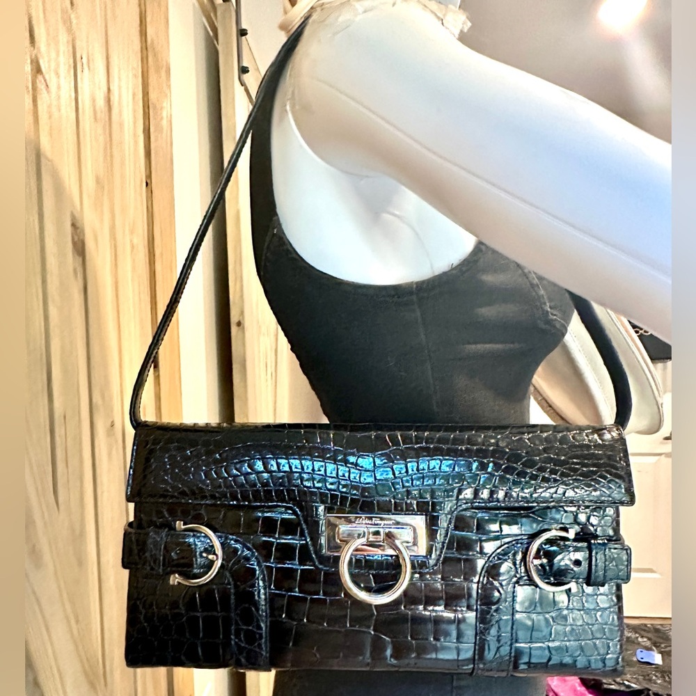 Black Croc-Embossed Shoulder Bag with Silver Hardware